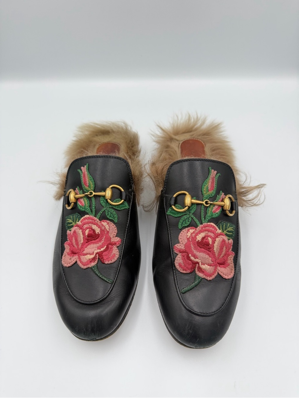 Gucci Princetown Floral Embroidered Shearling Fur Mules in Black Leather